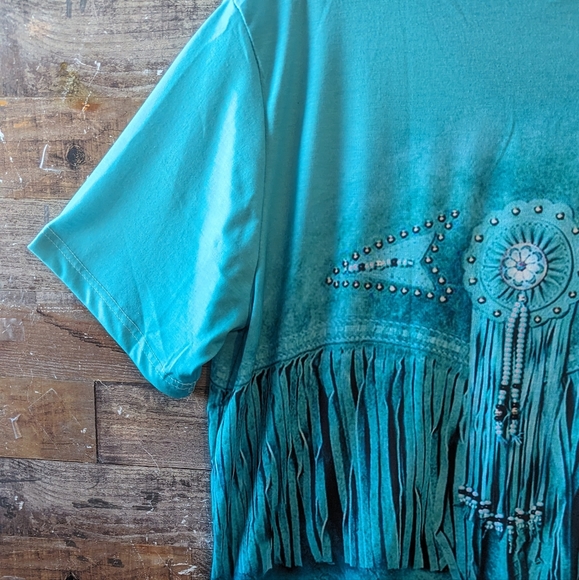 New Turquoise Green Faux Fringe Look Tee - Picture 13 of 15